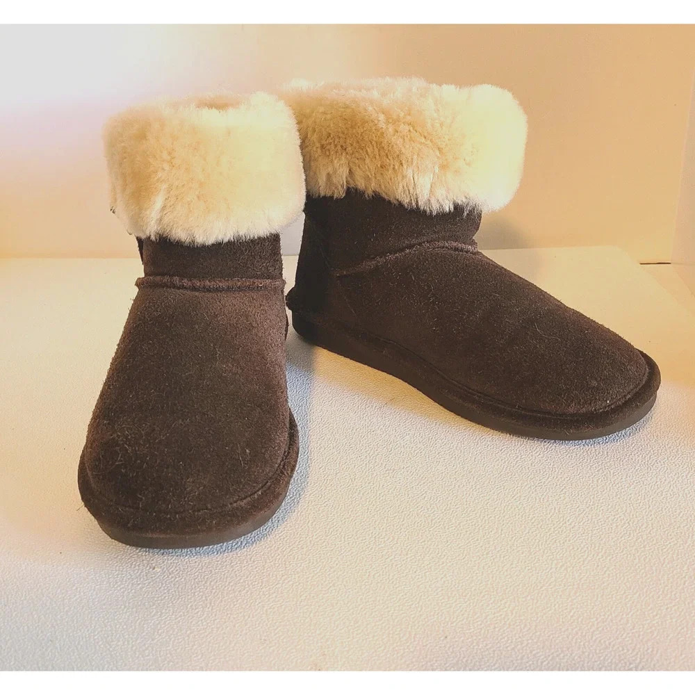 BEARPAW ABBY SHORT SUEDE BOOT SHEARLING CUFF WOOL BLEND LINED BUCKLE SZ 7